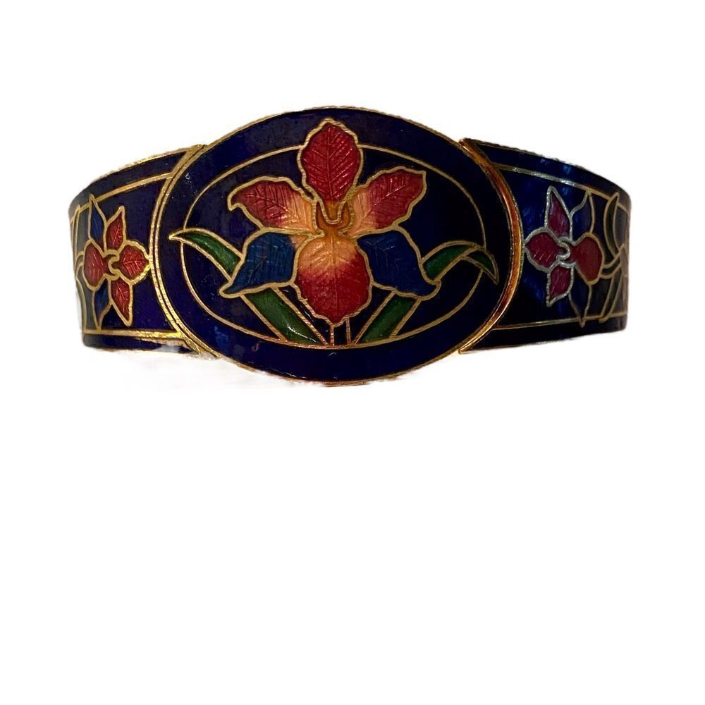 Cobalt Blue & Gold Floral Hinged Bracelet. Elegant Looking